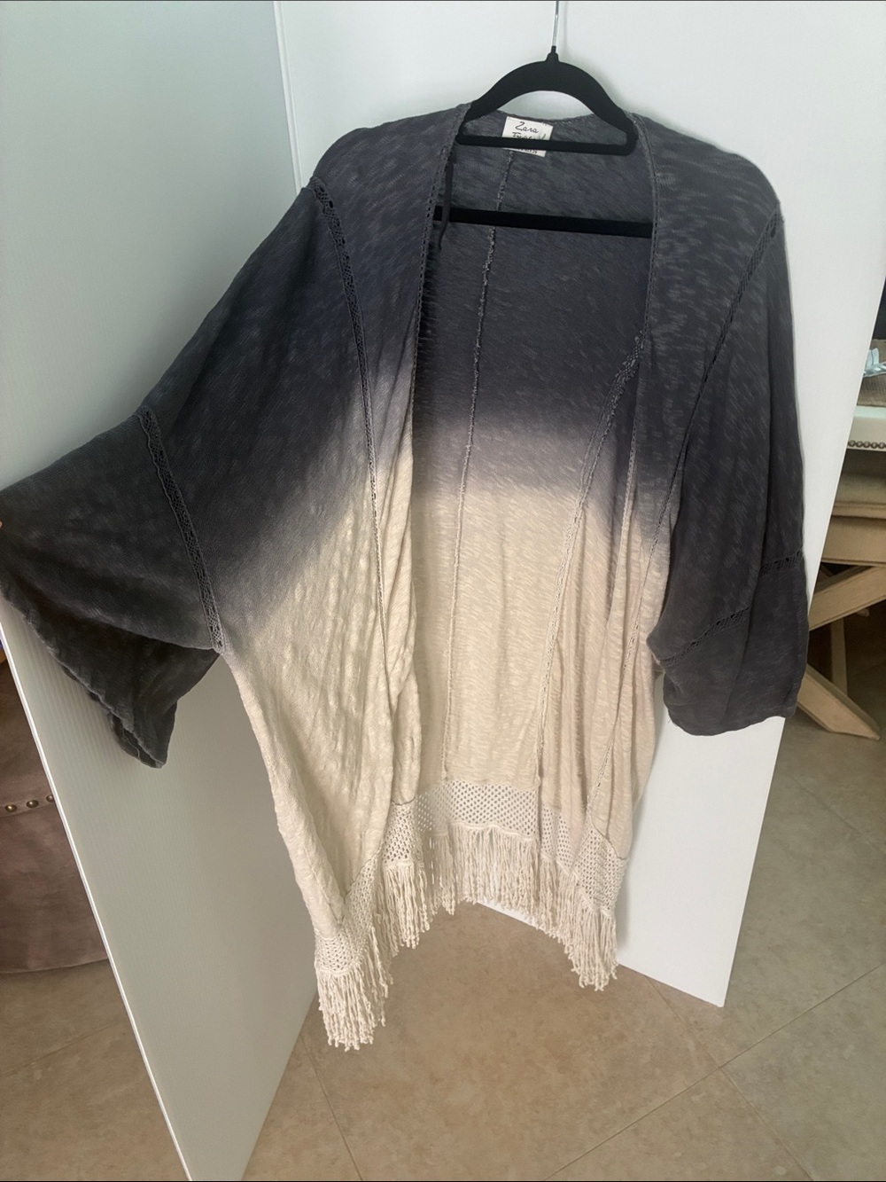 Zara Ombre Gray to Cream Open-Front Fringe Cardigan Oversized Medium Cotton